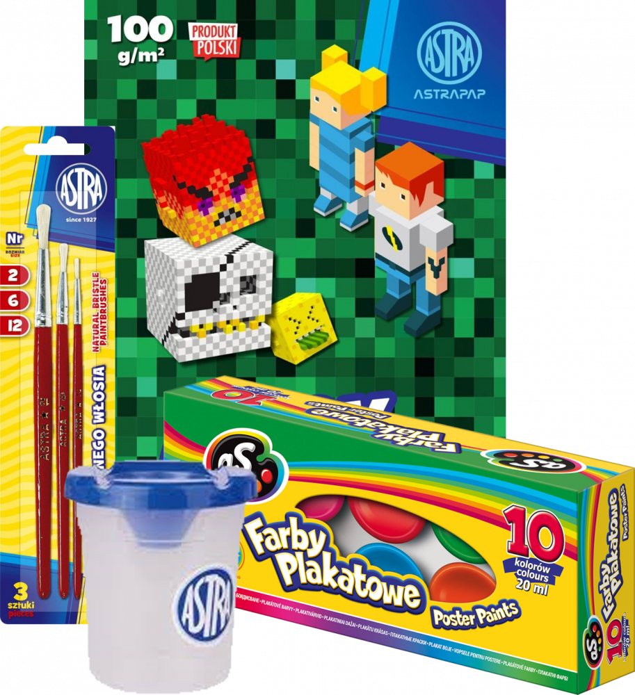 Zestaw: Farby plakatowe Astra AS, 20ml, 10 sztuk, mix kolorów+ Kubek do wody z blokadą wylania + Zestaw pędzli Astra 3 sztuki + Blok rysunkowy Astra
