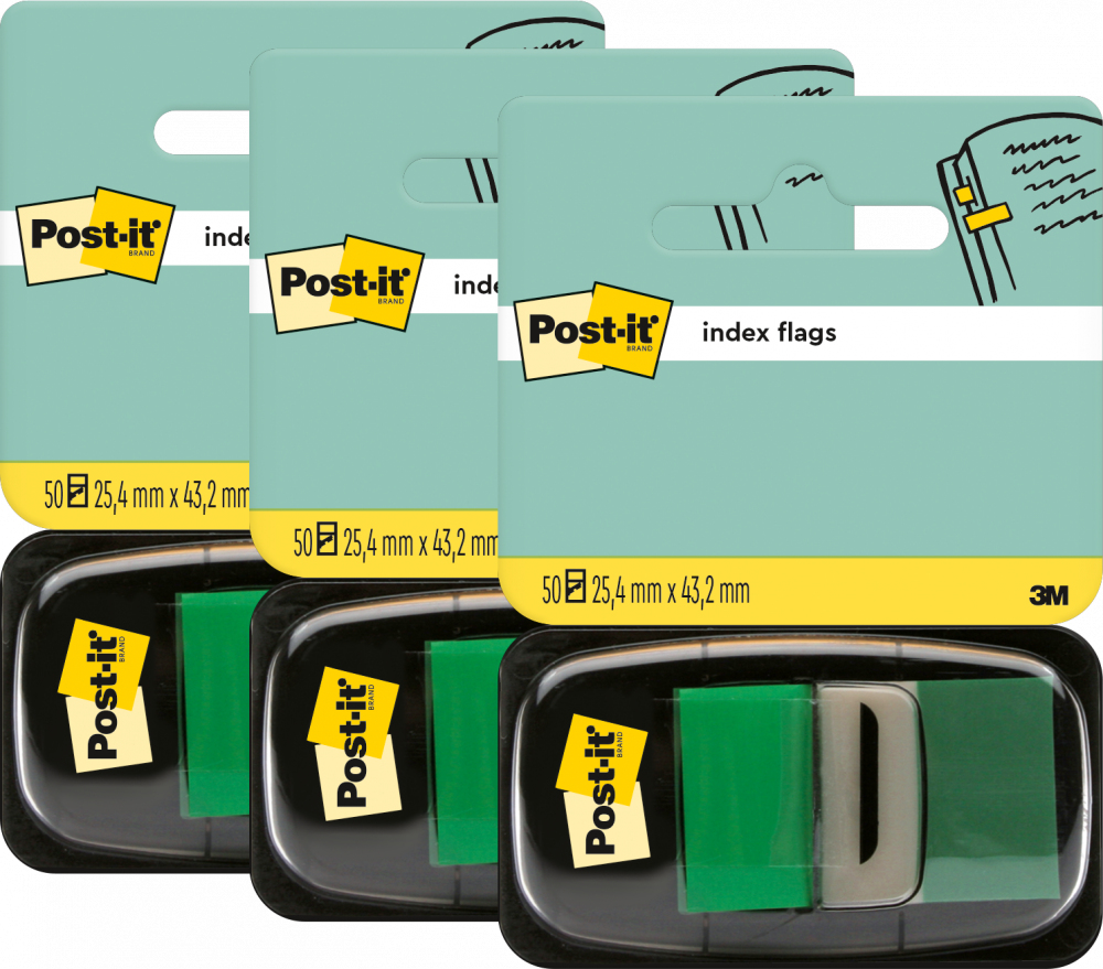 3x Zakładki samoprzylepne Post-it proste, indeksujące, folia, półtransparentne, 25x43mm, 1x50 sztuk, zielony