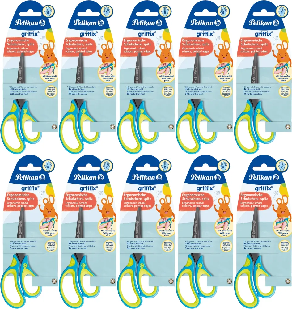 10x Nożyczki dla dzieci Pelikan Griffix, tytanowe, 15cm, żółto-niebieski