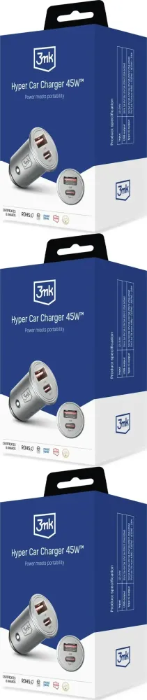 3x Ładowarka samochodowa 3mk Hyper Car Charger 45W, PD QC PSS, USB-C/USB-A, srebrny