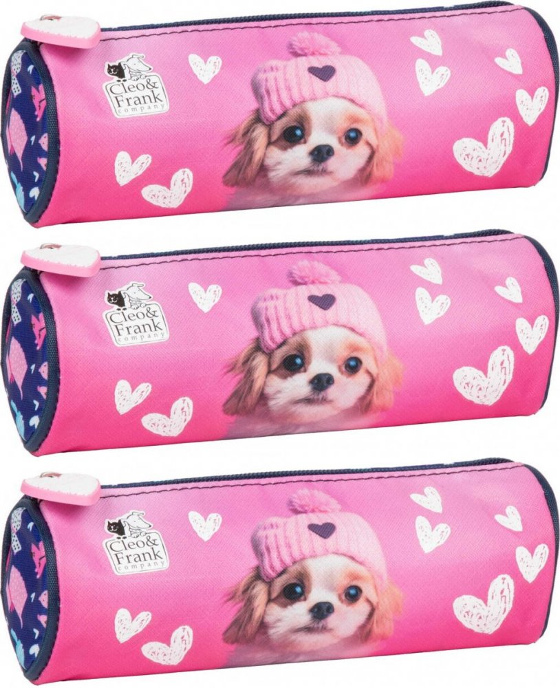 3x Piórnik tuba Cleo&Frank (Pies), bez wyposażenia, 7x21cm, różowy