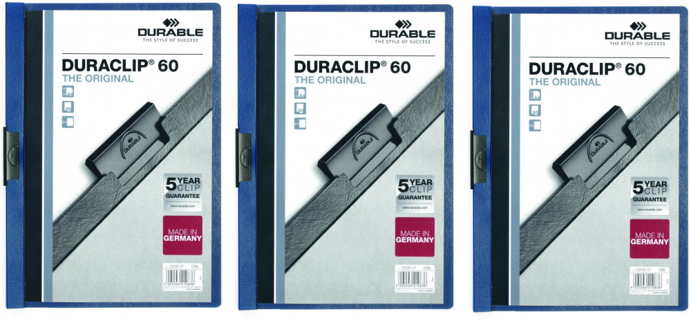 3x skoroszyt plastikowy z klipsem Durable DuraClip, A4, do 60 kartek granatowy