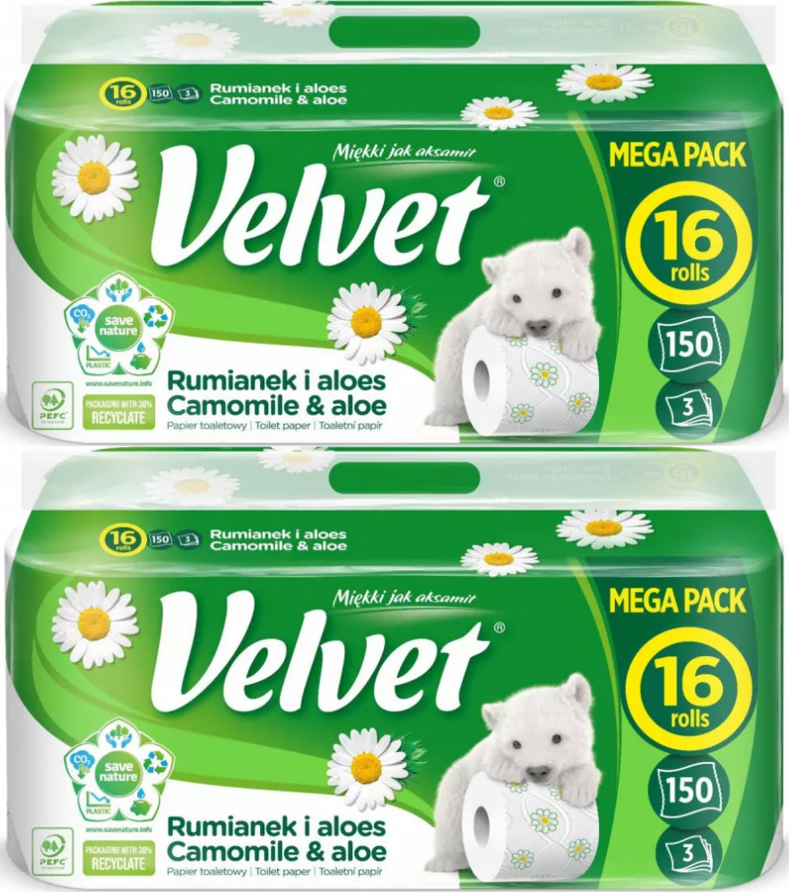 2x Papier toaletowy Velvet Rumianek i Aloes, 3-warstwowy, 16 rolek, delikatnie biały