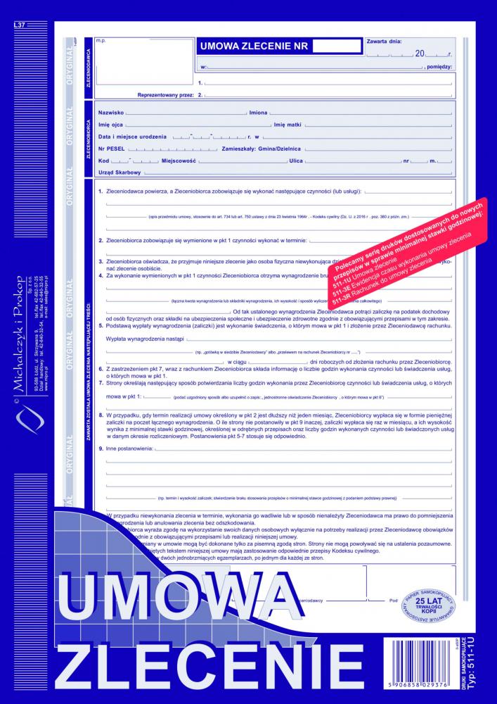 Druk akcydensowy Umowa zlecenie MiP 511-1U, A4, 1 kopia, 40k