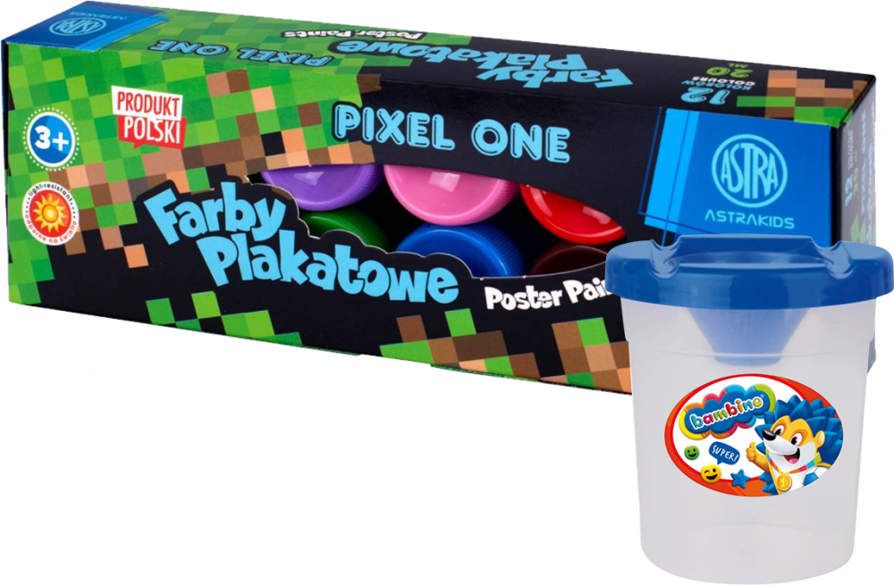 Zestaw: Farby plakatowe Astra Astrakids Pixel One, 20ml, 12 sztuk + Kubek do wody i farb Bambino Zwierzaki Uczniaki, z blokadą wylania