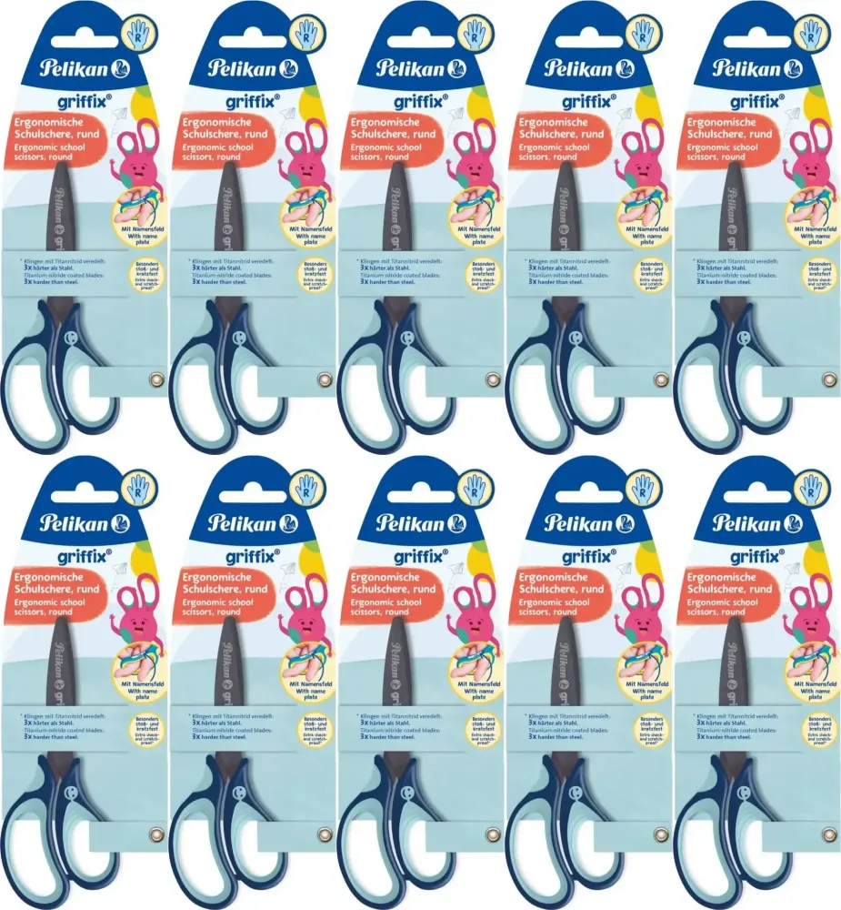 10x Nożyczki dla dzieci Pelikan Griffix, tytanowe, zaokrąglone, niebieski
