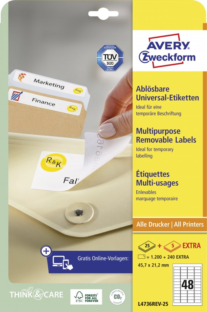 Etykiety samoprzylepne usuwalne Avery Zweckform, 45.7x21.2mm, 25 arkuszy + 5 gratis, biały