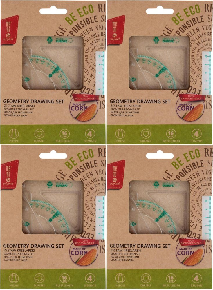 4x Zestaw kreślarski Eco MemoBe by Pratel, z linijką 16cm, 4 elementy, transparentny