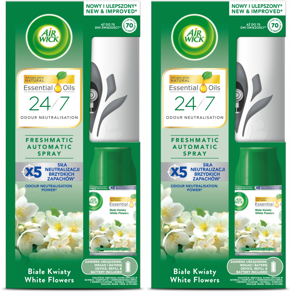 2x Odświeżacz automatyczny Air Wick Freshmatic, wkład + urządzenie, Białe Kwiaty, 250ml