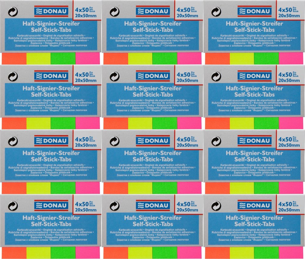 12x Zakładki samoprzylepne Donau proste, indeksujące, papier, 20x50mm, 4x50 sztuk, mix kolorów