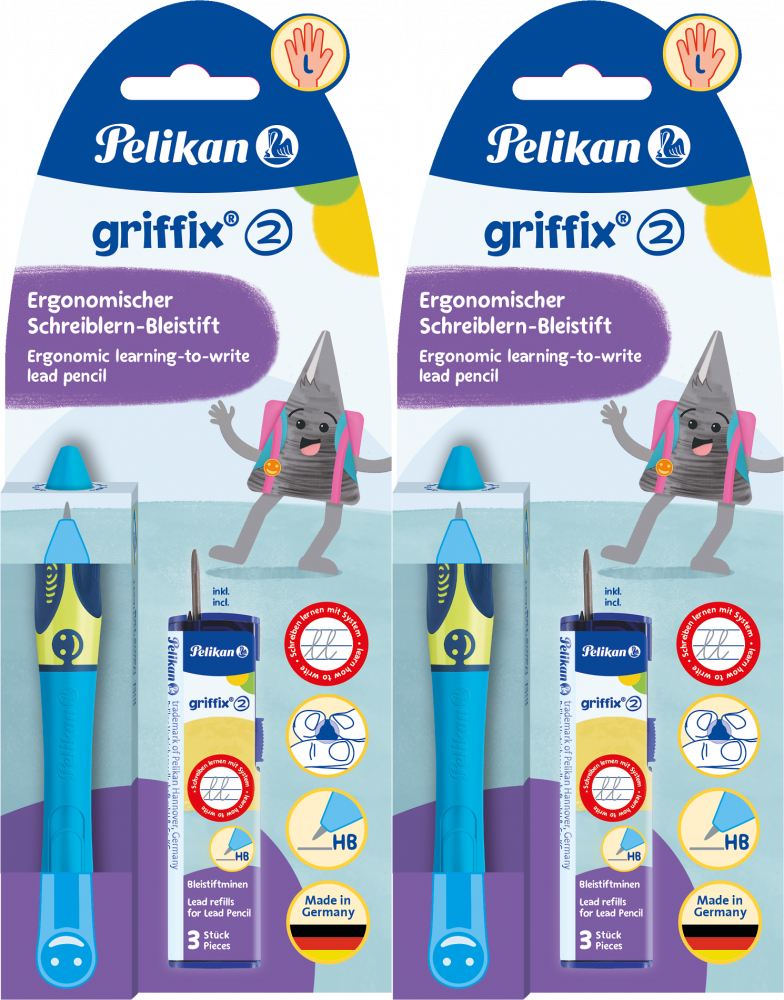 2x Ołówek automatyczny Pelikan Griffix Neon Fresh Blue, 2mm, dla leworęcznych + 3 rysiki