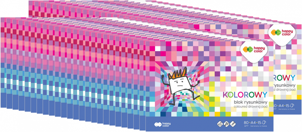 60x Blok rysunkowy kolorowy Happy Color, A4, 15 kartek, mix kolorów