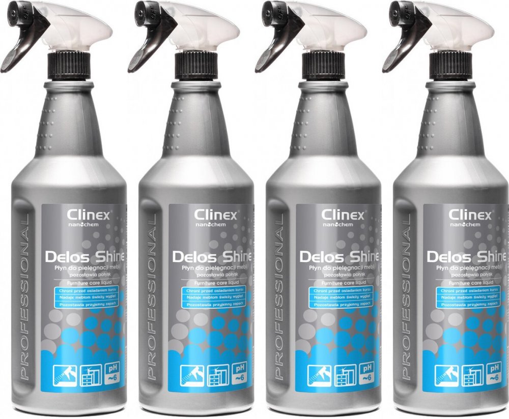4x Płyn do pielęgnacji mebli Clinex Delos Shine, z rozpylaczem, 1l