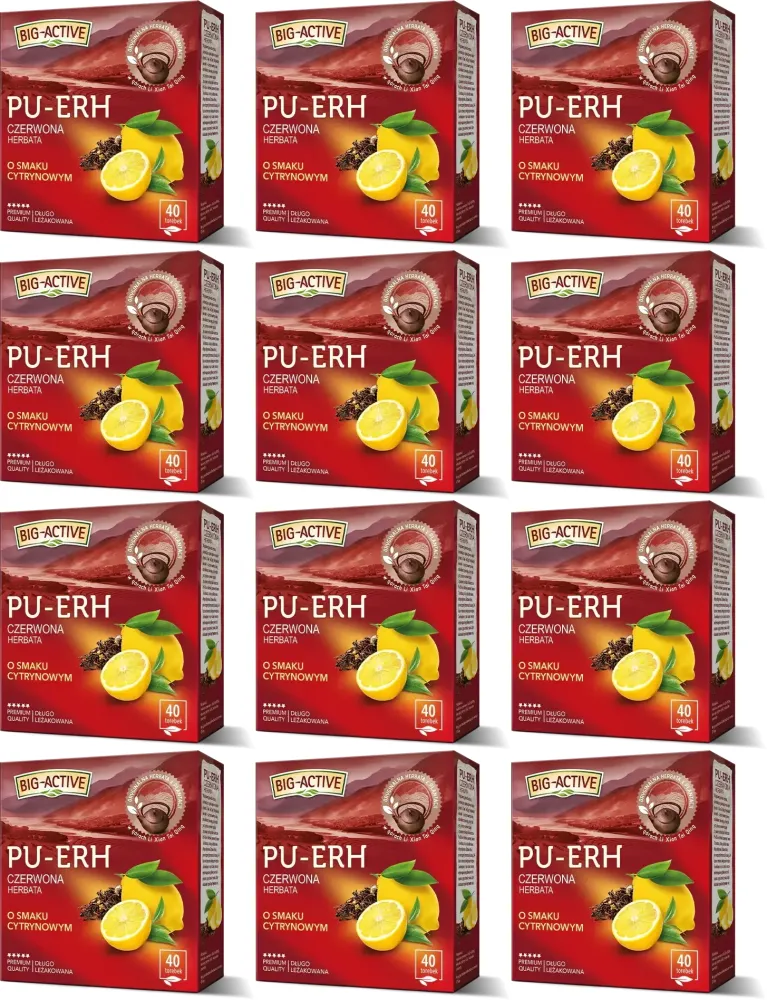12x Herbata czerwona w torebkach Big-Active Pu-erh, cytrynowa, 40 sztuk x 1.8g