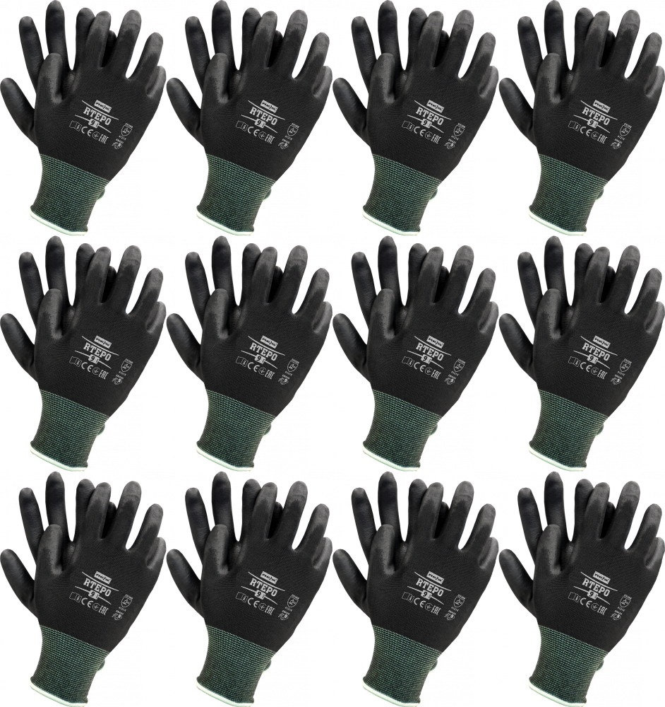 12x Rękawice robocze Reis Rtepo BB, powlekane, rozmiar 10, czarny