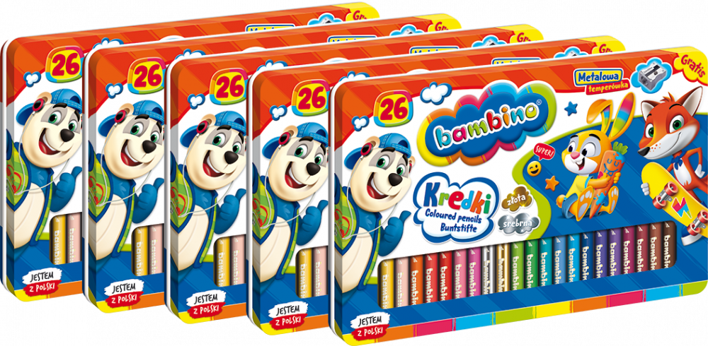 5x Kredki Bambino Zwierzaki Uczniaki, w oprawie drewnianej, w metalowym pudełku, 26 sztuk + temperówka, mix kolorów
