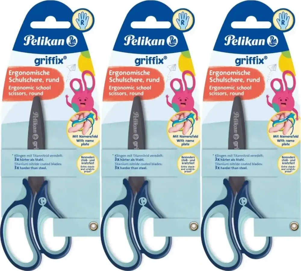 3x Nożyczki dla dzieci Pelikan Griffix, tytanowe, zaokrąglone, niebieski
