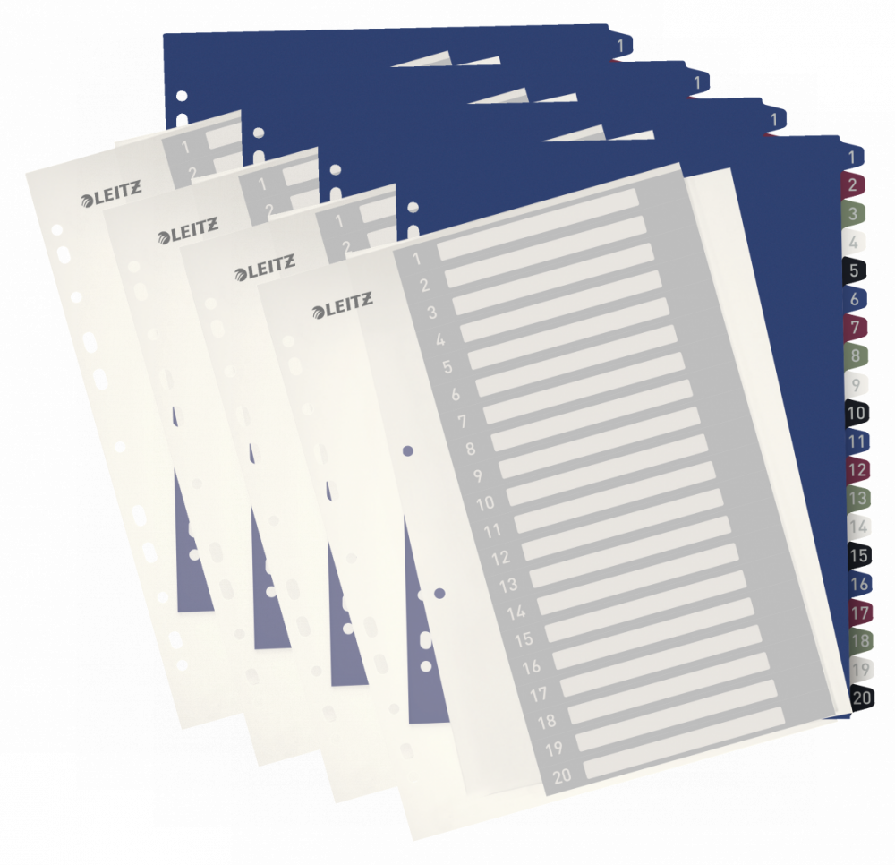 4x Przekładki do segregatora Leitz Style, plastikowe, numeryczne, do zadruku, A4+, 1-20 kart