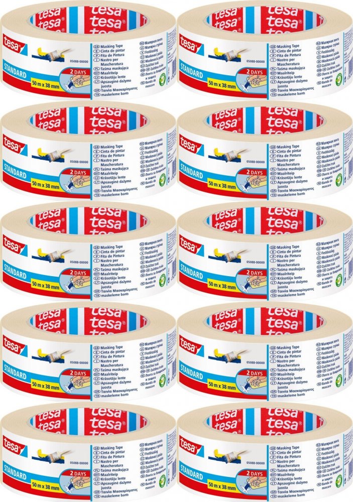 10x Taśma maskująca Tesa Standard 2 Dni, 38mmx 50m, żółty
