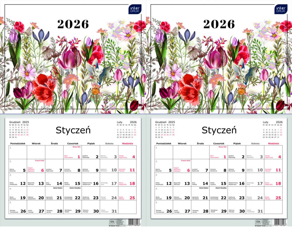 2x Kalendarz ścienny 2026, Interdruk, jednodzielny, 32x50cm, Kwiaty