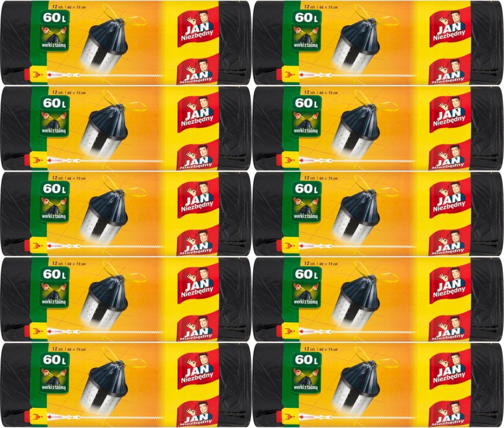 10x Worki na śmieci Jan Niezbędny, z taśmą, na odpady zmieszane, 60l, 12 sztuk, czarny