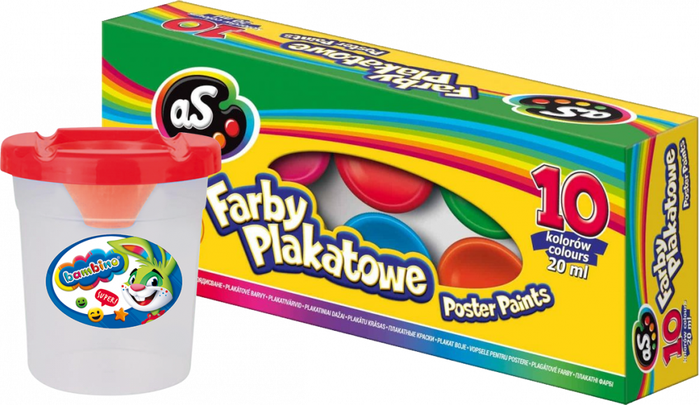 Zestaw: Farby plakatowe Astra AS, 20ml, 10 sztuk + Kubek do wody i farb Bambino Zwierzaki Uczniaki, z blokadą wylania