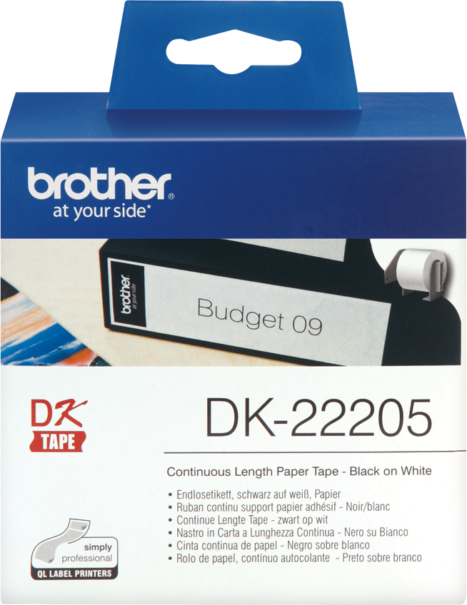 Taśma papierowa do drukarek etykiet Brother DK 22205, 62mmx30.48m, nadruk czarny, taśma biała