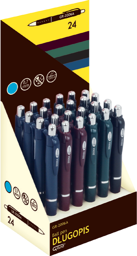 24x Długopis automatyczny Grand, TY 383 EA/GR-2006A, 0.7mm, wkład niebieski, mix kolorów obudowy