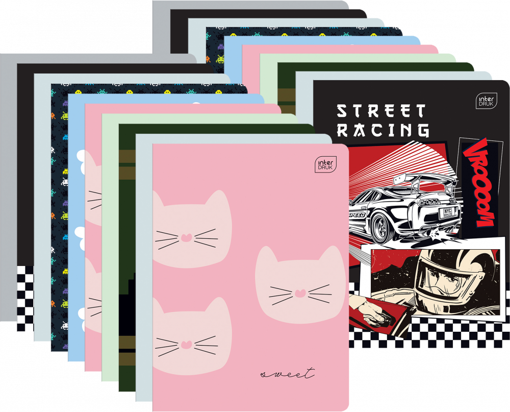 20x Zeszyt w kratkę Interdruk, A5, miękka oprawa, 16 kartek, mix wzorów