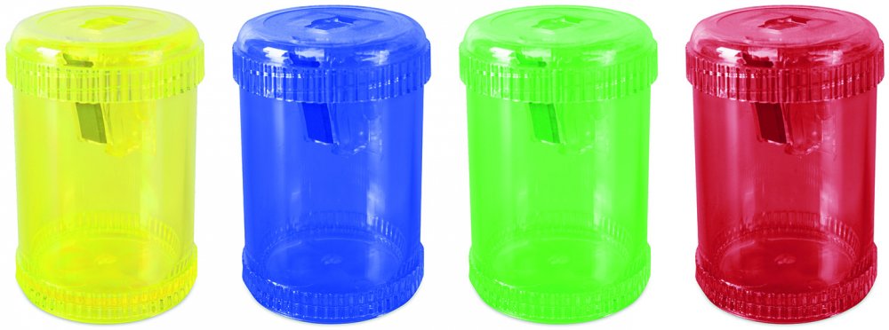 Temperówka z pojemnikiem Donau, plastik, 1 otwór, beczka, mix kolorów