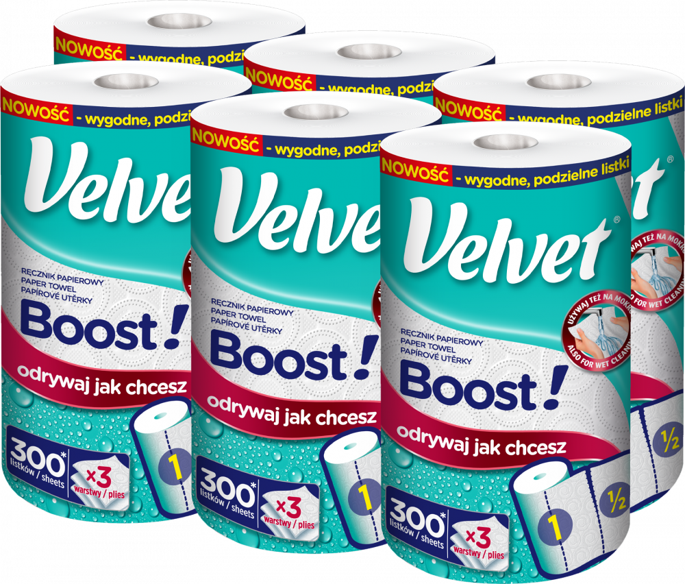 6x Ręcznik papierowy Velvet Boost, 3-warstwowy, w roli, 1 rolka, biały