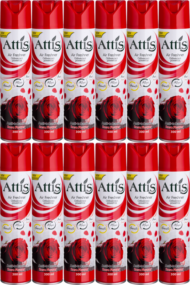 12x Odświeżacz powietrza Attis Gold Drop, spray, Anti Tabacco Rose Flower, 300ml