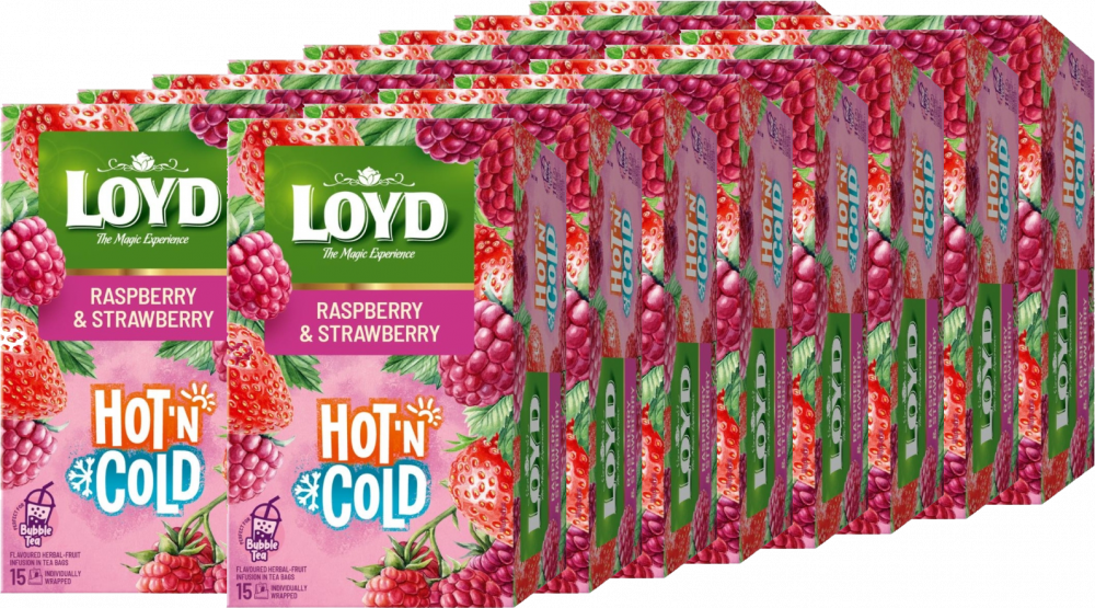 16x Herbata owocowo- ziołowa w kopertach Loyd Hot & Cold, malina i truskawka, 15 sztuk x 2g