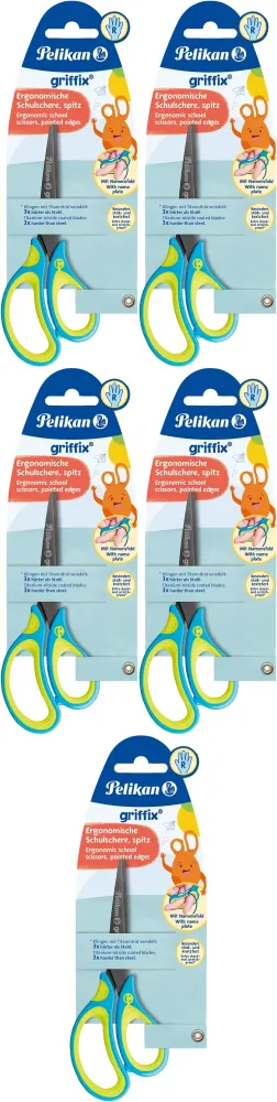 5x Nożyczki dla dzieci Pelikan Griffix, tytanowe, 15cm, żółto-niebieski