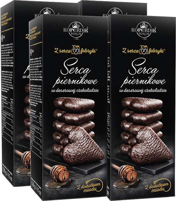 4x Pierniki Kopernik Premium Serca Piernikowe w deserowej czekoladzie, 128g