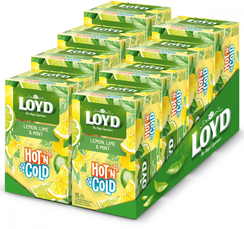 8x Herbata owocowo- ziołowa w kopertach Loyd Hot & Cold, cytryna/limonka/mięta, 15 sztuk x 2g