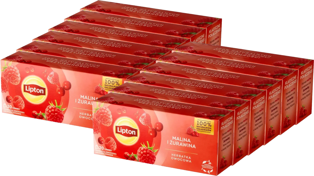 12x Herbata owocowa w torebkach Lipton, malina i żurawina, 20 sztuk x 1.6g