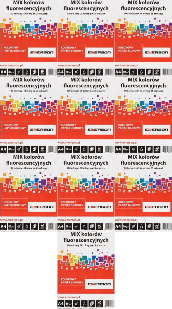 10x Papier kolorowy Emerson, A4, 80g/m2, 100 arkuszy, mix kolorów neonowych 4x25 ark.