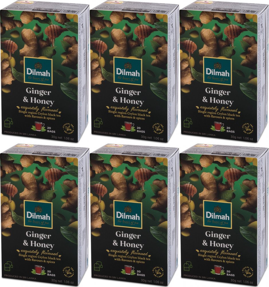 6x Herbata czarna aromatyzowana w torebkach Dilmah Ginger & Honey, imbir i miód, 20 sztuk x 1.5g