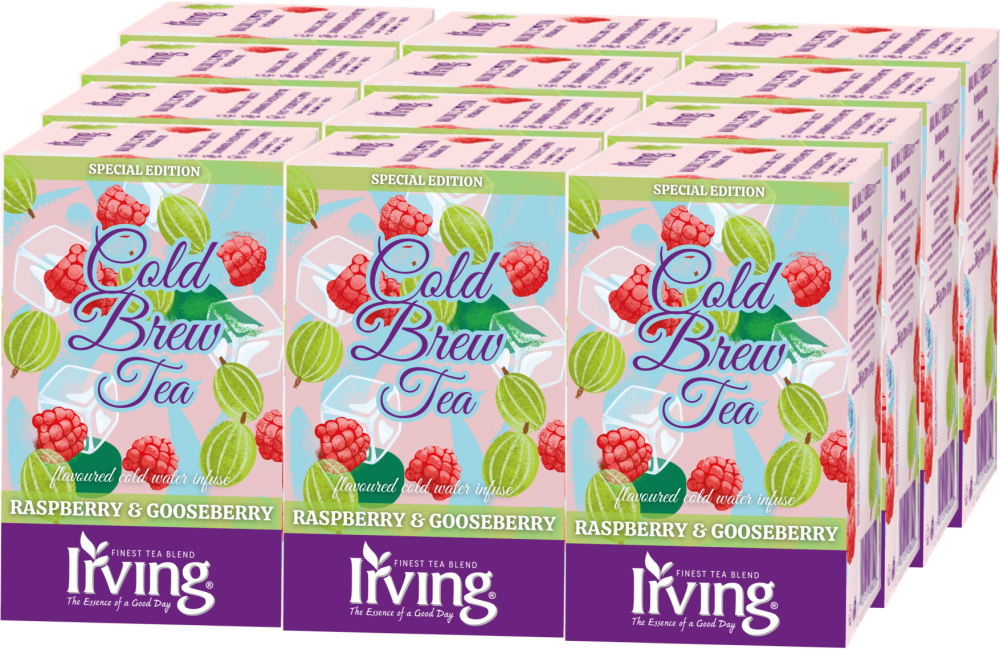 12x Herbata owocowo-ziołowa w kopertach Irving Cold Brew Tea, na zimno, malina i agrest, 20 sztuk x 1.8g