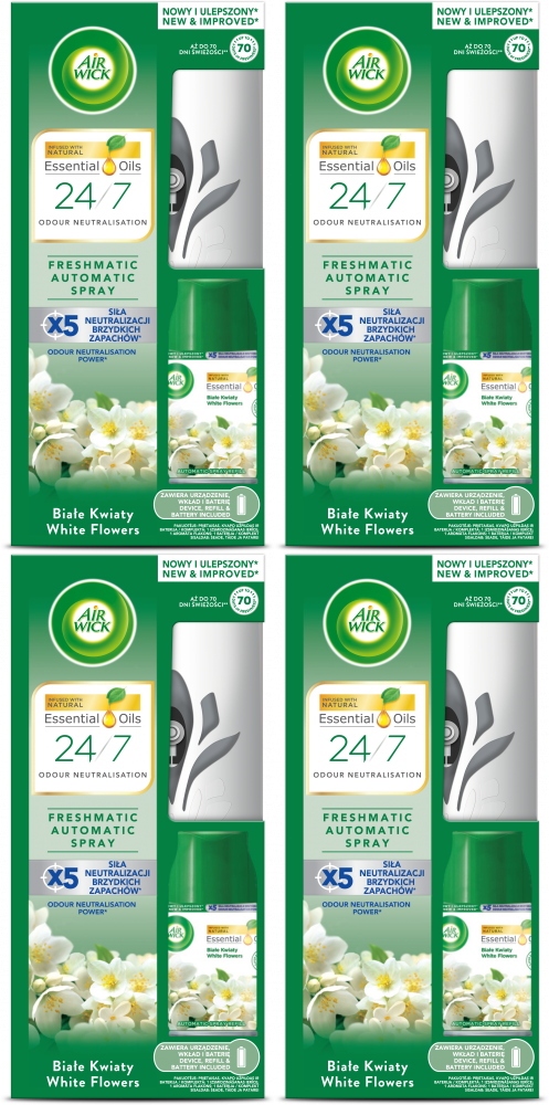 4x Odświeżacz automatyczny Air Wick Freshmatic, wkład + urządzenie, Białe Kwiaty, 250ml