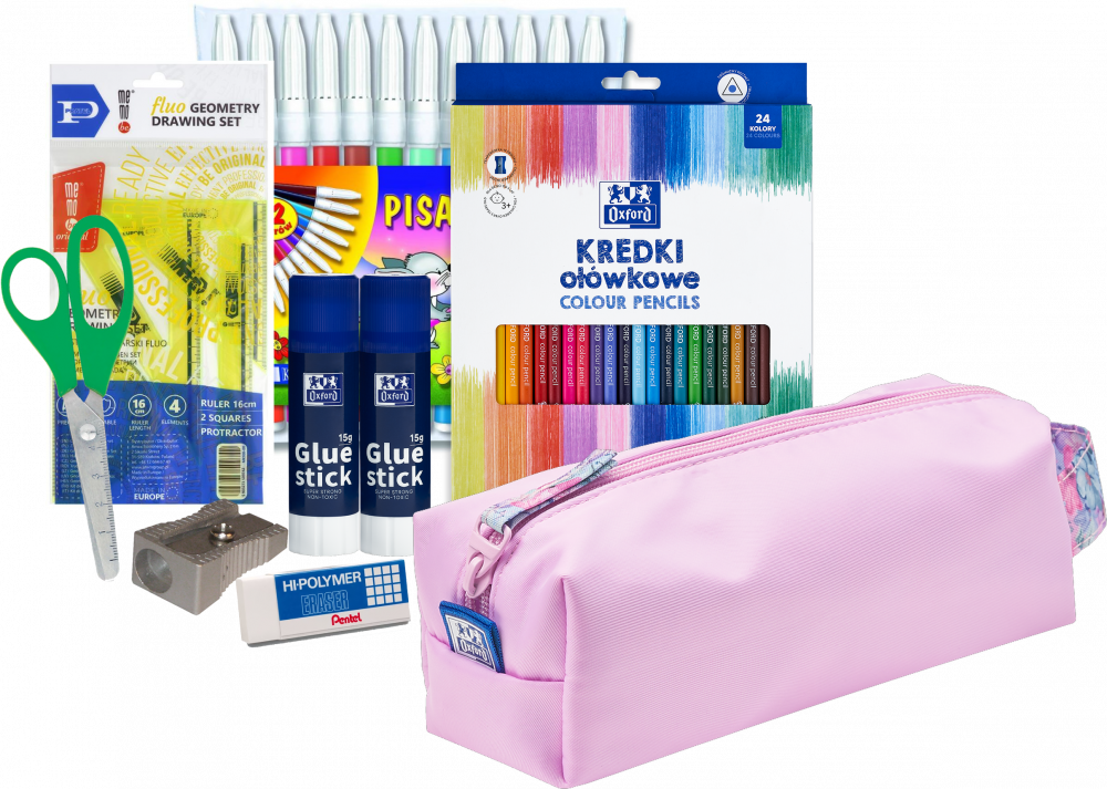 Zestaw produktów szkolnch: Klej, Kredki, Nożyczki, Zestaw kreślarski, Gumka, Pisaki, Temperówka, Piórnik saszetka Oxford Flowers jasnoróżowy