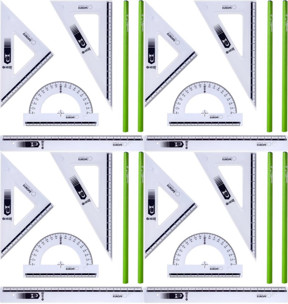 4x Zestaw kreślarski MemoBe by Pratel, z linijką 20cm + 2 ołówki, 6 elementów, transparentny