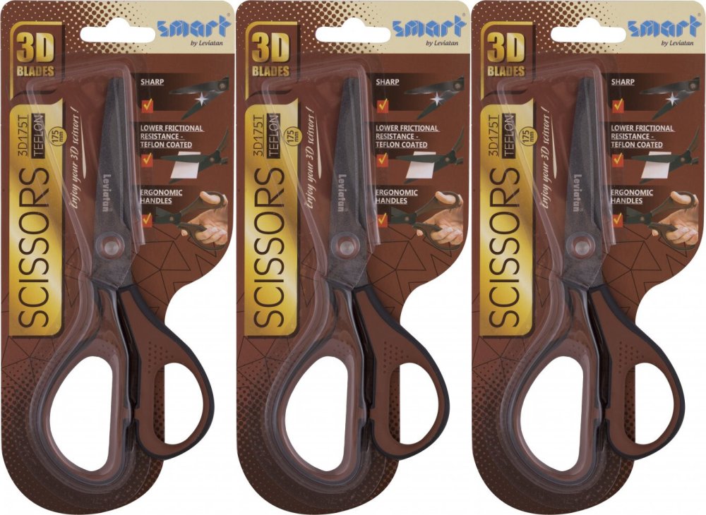 3x Nożyczki biurowe Leviatan Smart 3D175T, teflon, 17.5cm, brązowy