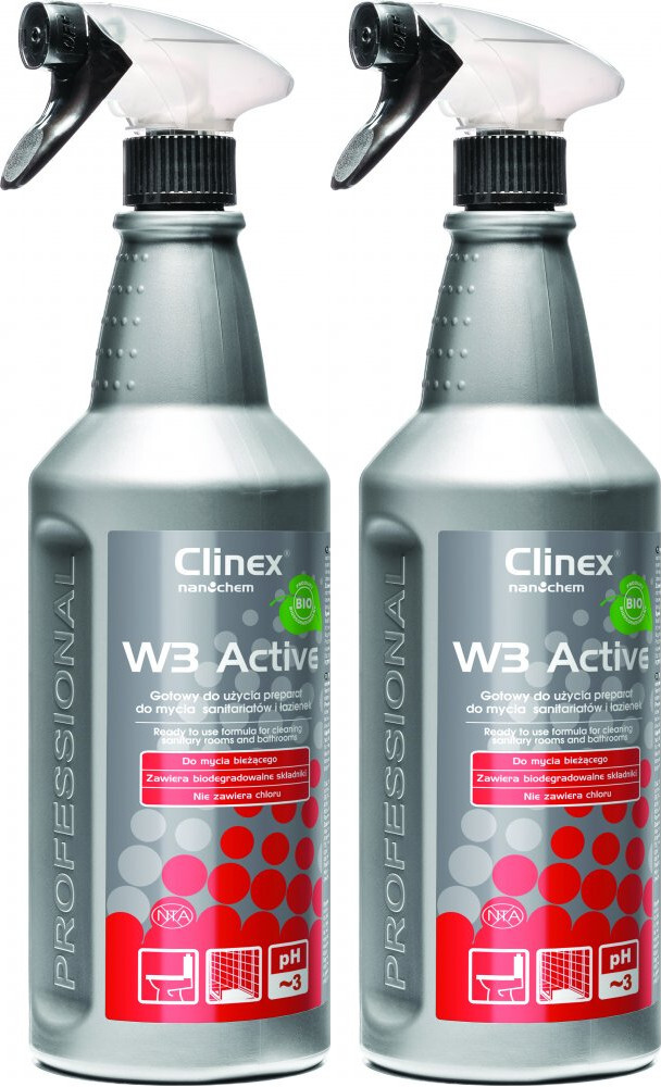 2x Preparat do mycia sanitariatów i łazienek Clinex W3 Active Bio, z rozpylaczem, 1l