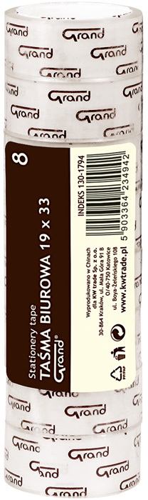 Taśma klejąca Grand, 19mmx33m, 8 sztuk, przezroczysty