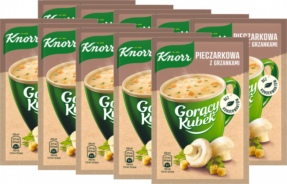 10x Zupa Knorr Gorący Kubek, pieczarkowa z grzankami, 15g