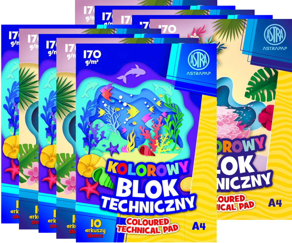 10x Blok techniczny Astra Astrapap, A4, 10 kartek, kolorowy
