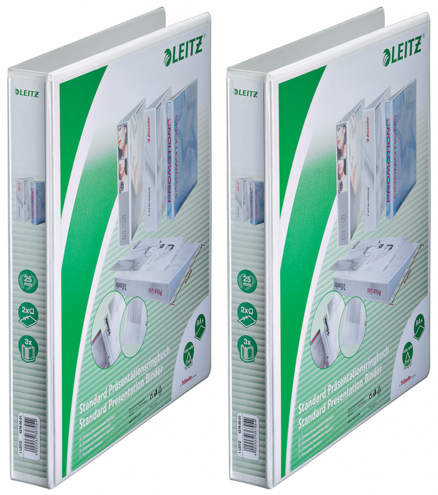 2x Segregator prezentacyjny Leitz, A4, szerokość grzbietu 43mm, do 250 kartek, 2 ringi, biały