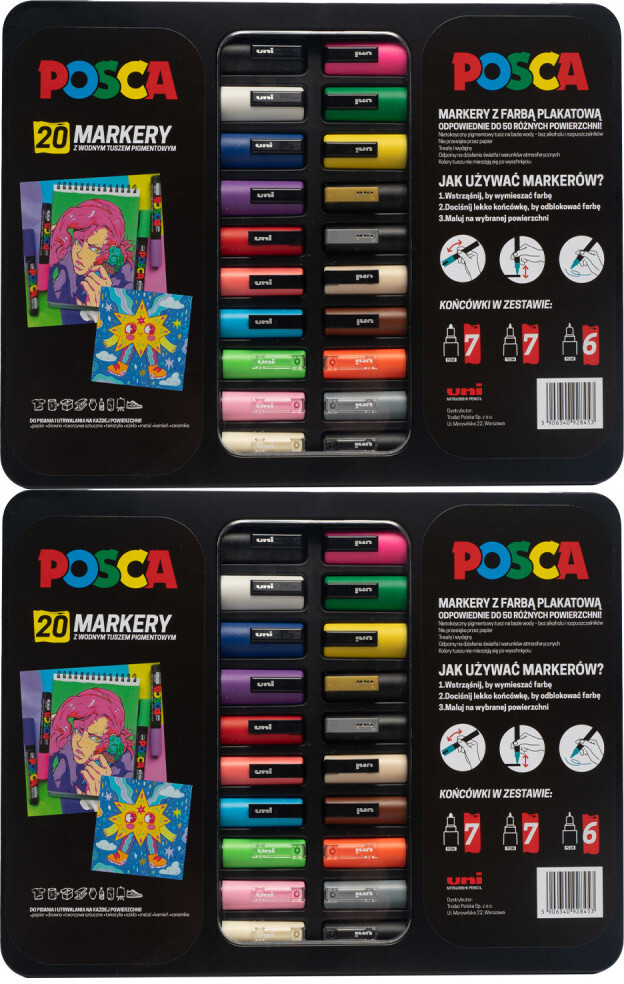 2x Marker Posca, 20 sztuk, w metalowym etui, mix kolorów